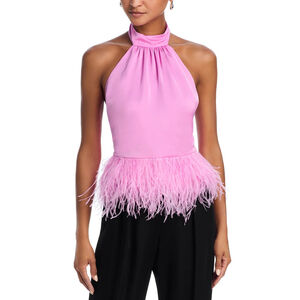 NWT Ramy Brook Faux Feather Trim Halter Top Rosa Pink $395 - Size M